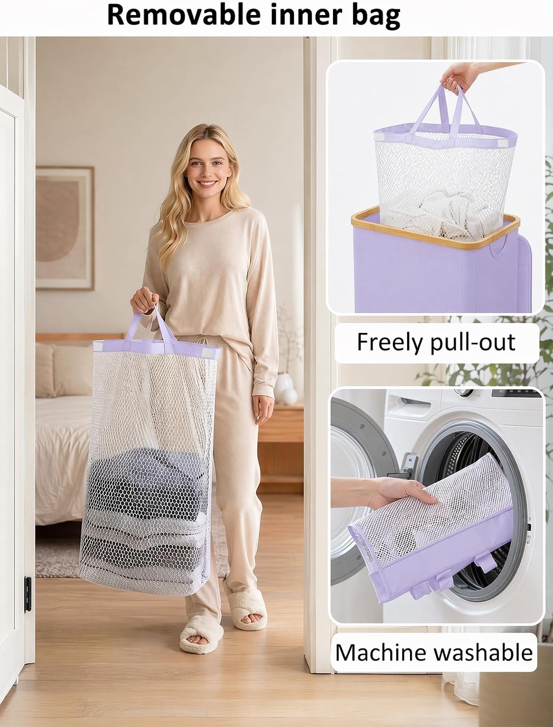 Laundry Hamper with Lid,110L Laundry Basket with Mesh Bags,Beige