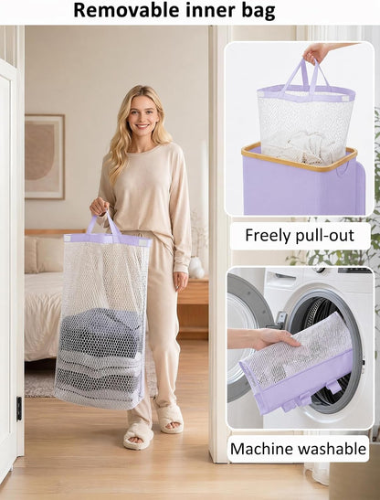 Laundry Hamper with Lid,110L Laundry Basket with Mesh Bags,Beige