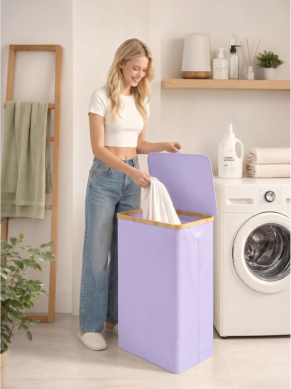 Laundry Hamper with Lid,110L Laundry Basket with Mesh Bags,Beige