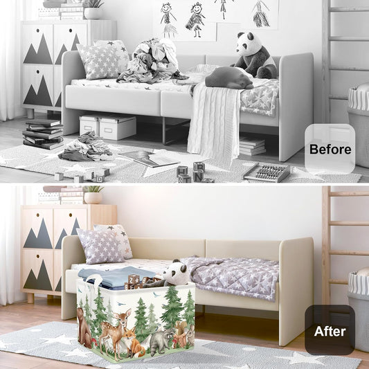 Forest Animals Baby Laundry Hamper Collapsible Clothes Kids Storage Basket Bear Fox Large Boys Girls Gift Toy Box Bin for Nursery, Squirrels, 63L