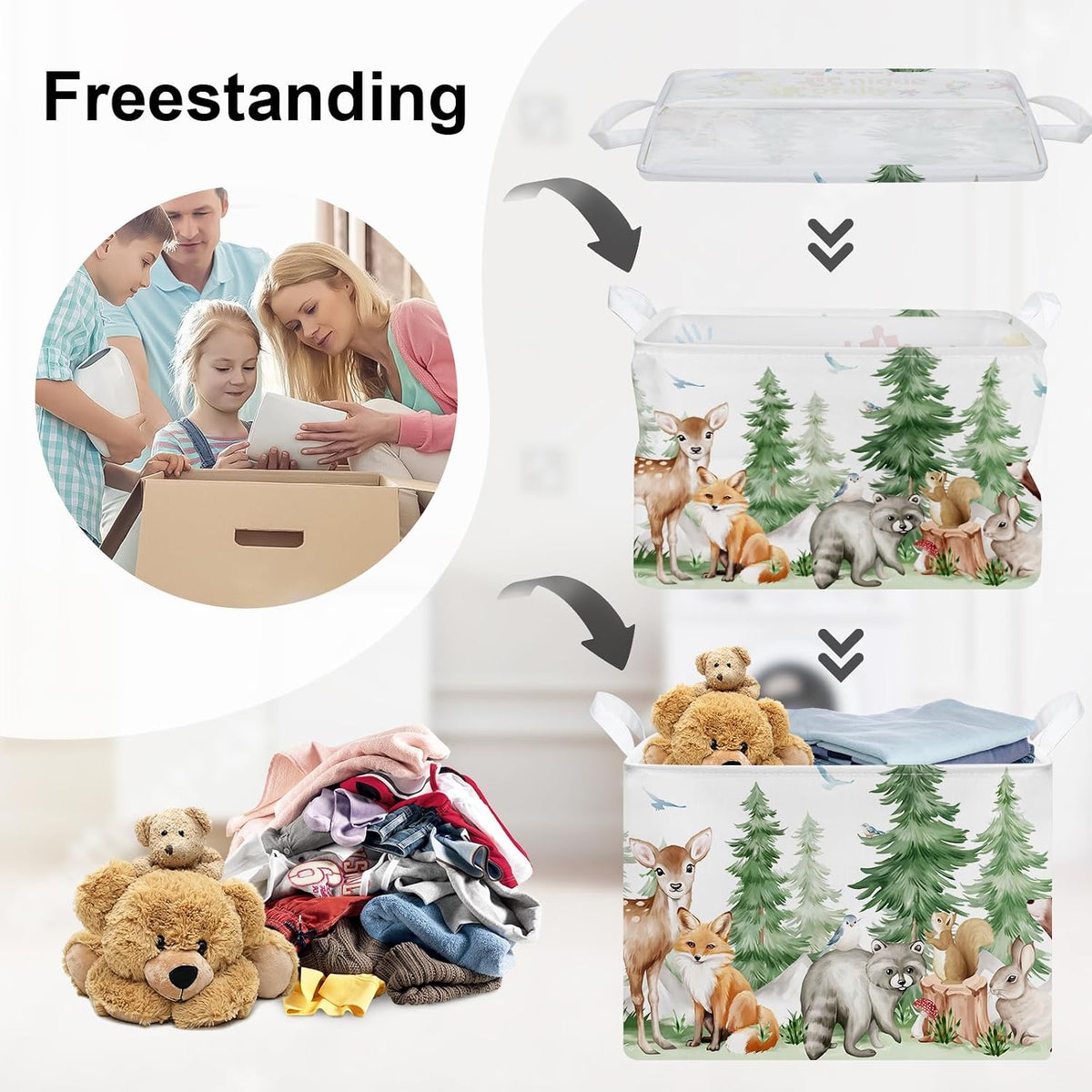 Forest Animals Baby Laundry Hamper Collapsible Clothes Kids Storage Basket Bear Fox Large Boys Girls Gift Toy Box Bin for Nursery, Squirrels, 63L