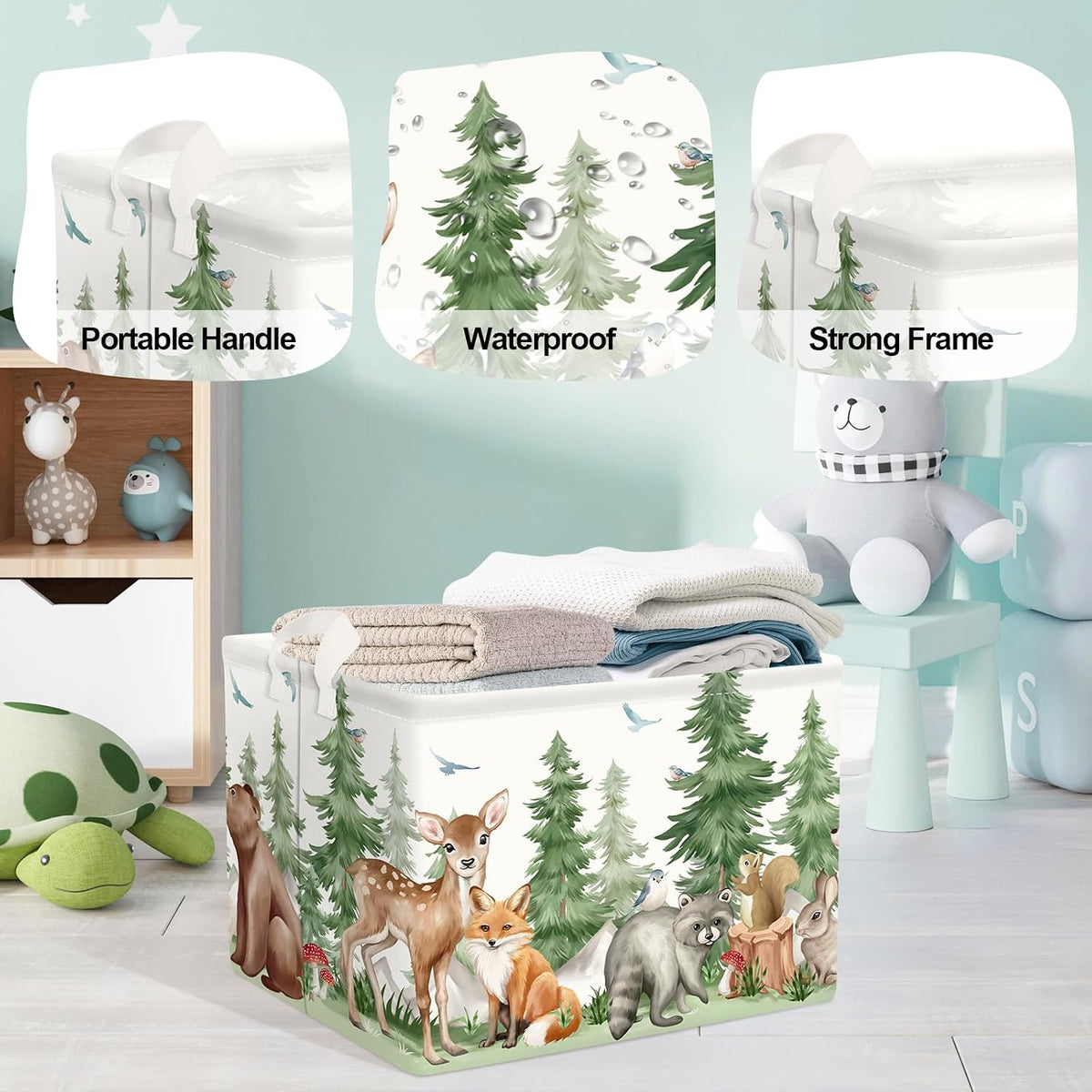 Forest Animals Baby Laundry Hamper Collapsible Clothes Kids Storage Basket Bear Fox Large Boys Girls Gift Toy Box Bin for Nursery, Squirrels, 63L