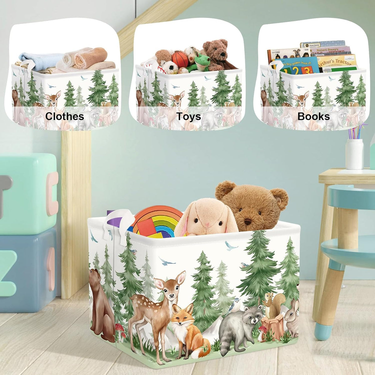 Forest Animals Baby Laundry Hamper Collapsible Clothes Kids Storage Basket Bear Fox Large Boys Girls Gift Toy Box Bin for Nursery, Squirrels, 63L