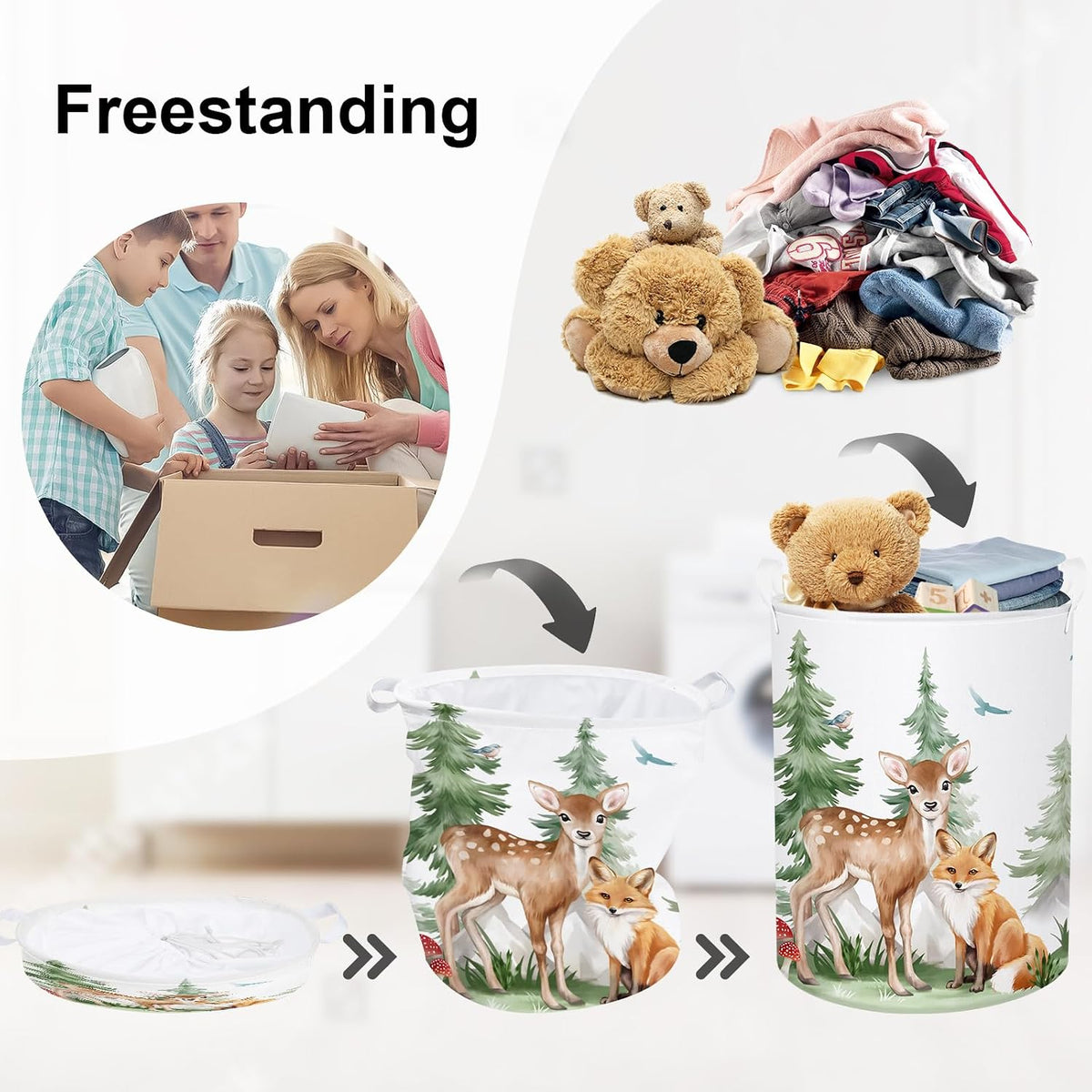 Forest Animals Baby Laundry Hamper Collapsible Clothes Kids Storage Basket Bear Fox Large Boys Girls Gift Toy Box Bin for Nursery, Squirrels, 63L