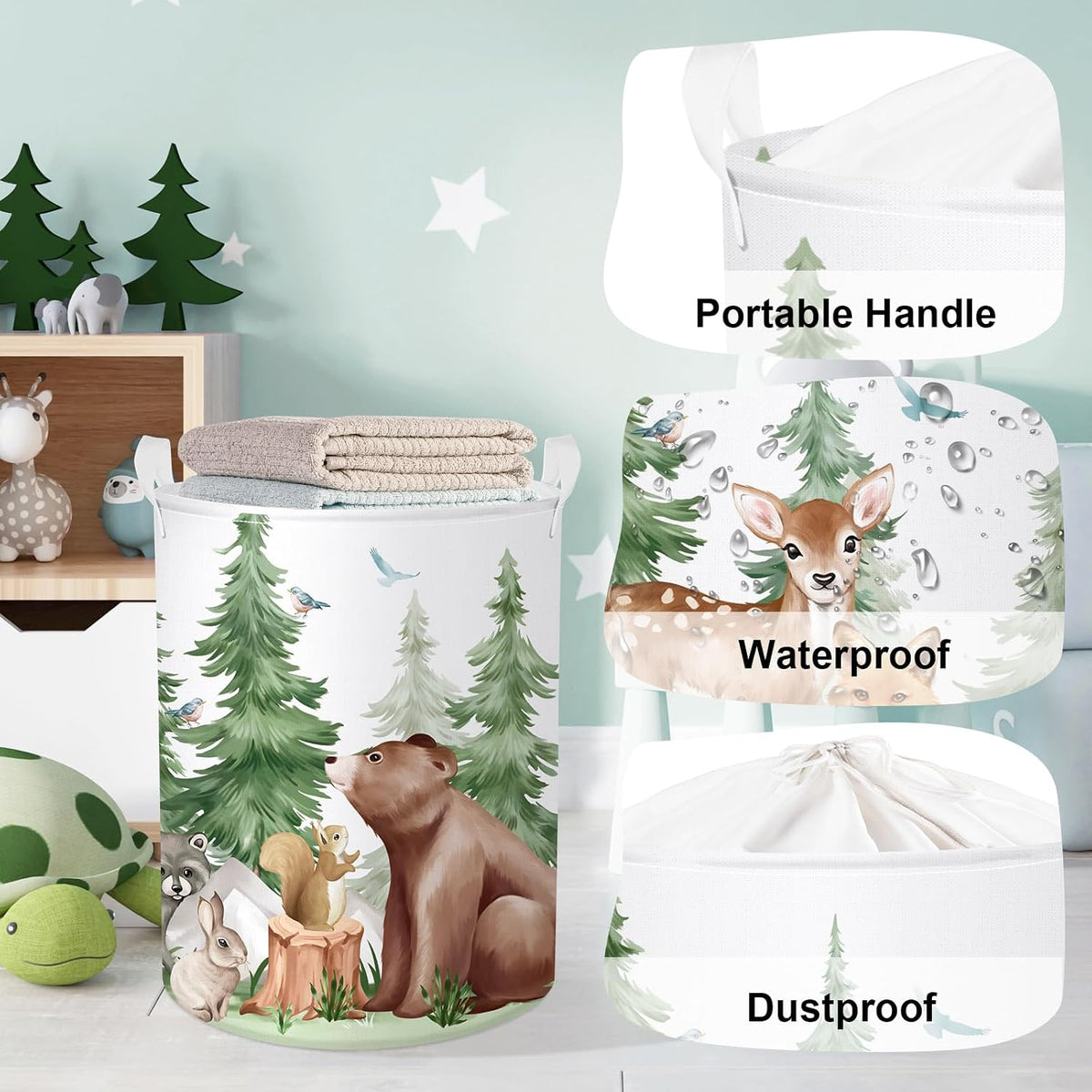 Forest Animals Baby Laundry Hamper Collapsible Clothes Kids Storage Basket Bear Fox Large Boys Girls Gift Toy Box Bin for Nursery, Squirrels, 63L