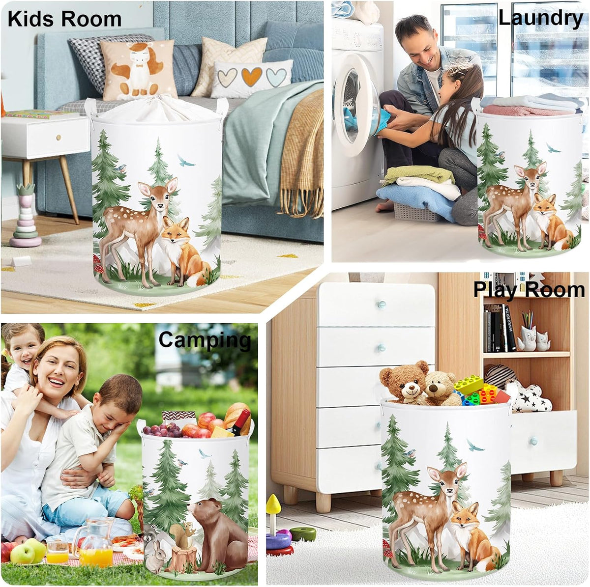 Forest Animals Baby Laundry Hamper Collapsible Clothes Kids Storage Basket Bear Fox Large Boys Girls Gift Toy Box Bin for Nursery, Squirrels, 63L