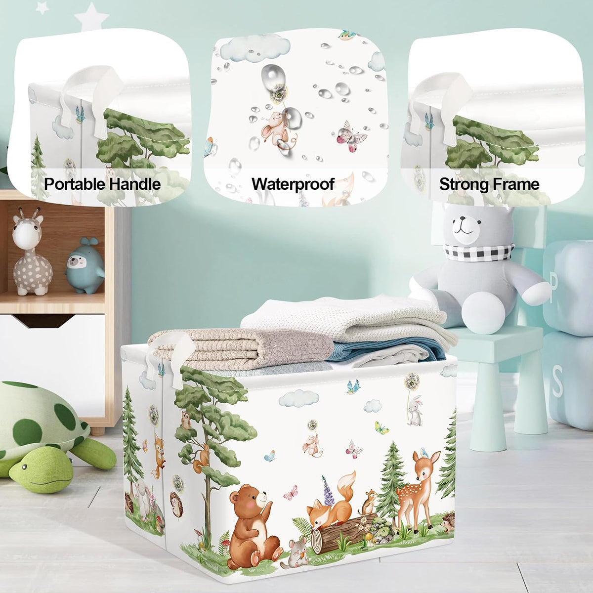 Forest Animals Baby Laundry Hamper Collapsible Clothes Kids Storage Basket Bear Fox Large Boys Girls Gift Toy Box Bin for Nursery, Squirrels, 63L