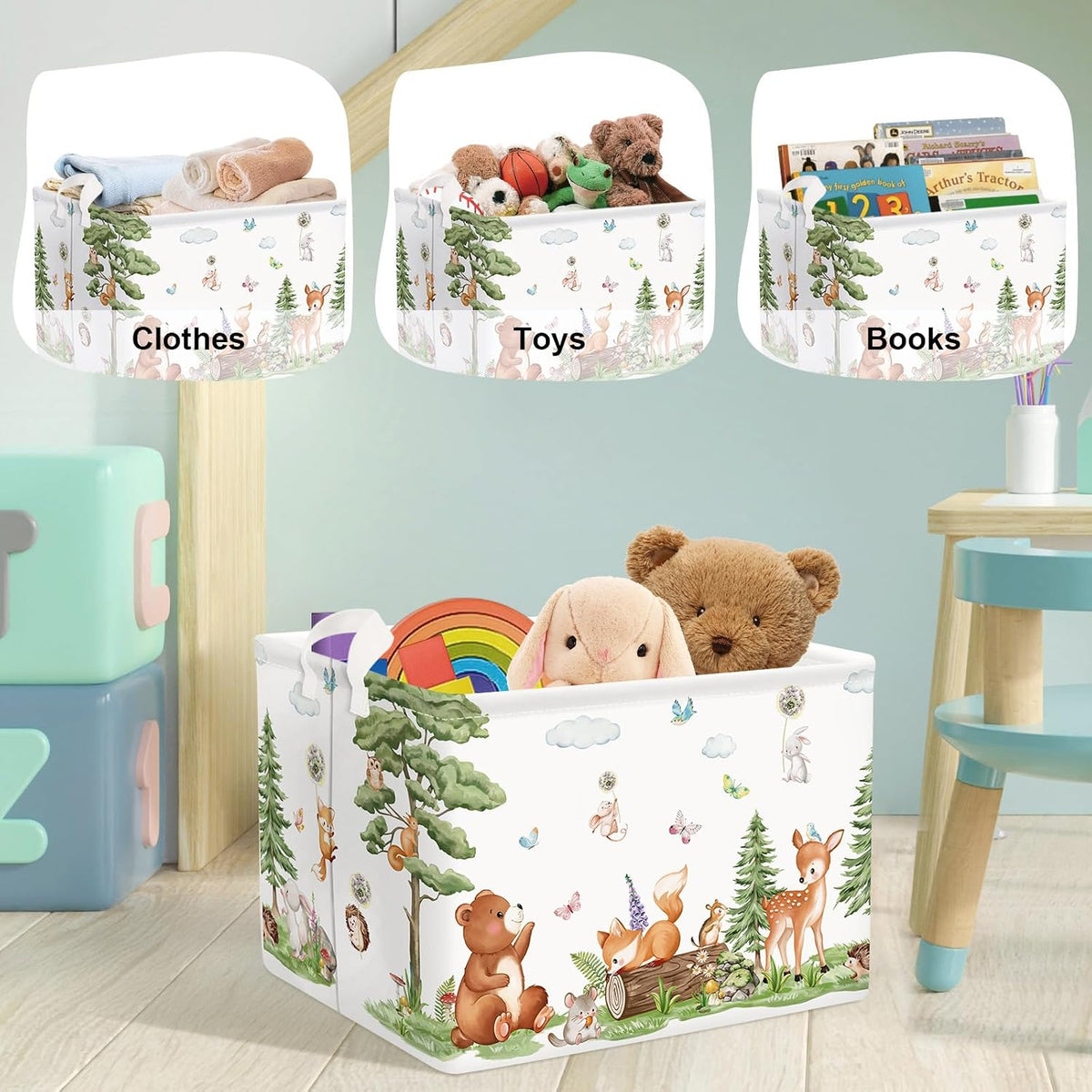 Forest Animals Baby Laundry Hamper Collapsible Clothes Kids Storage Basket Bear Fox Large Boys Girls Gift Toy Box Bin for Nursery, Squirrels, 63L