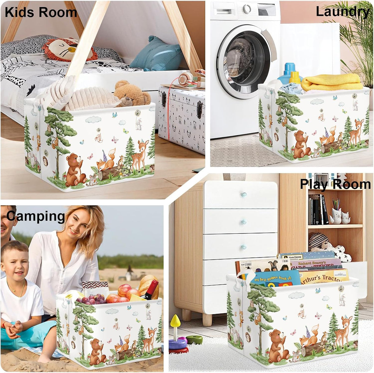 Forest Animals Baby Laundry Hamper Collapsible Clothes Kids Storage Basket Bear Fox Large Boys Girls Gift Toy Box Bin for Nursery, Squirrels, 63L