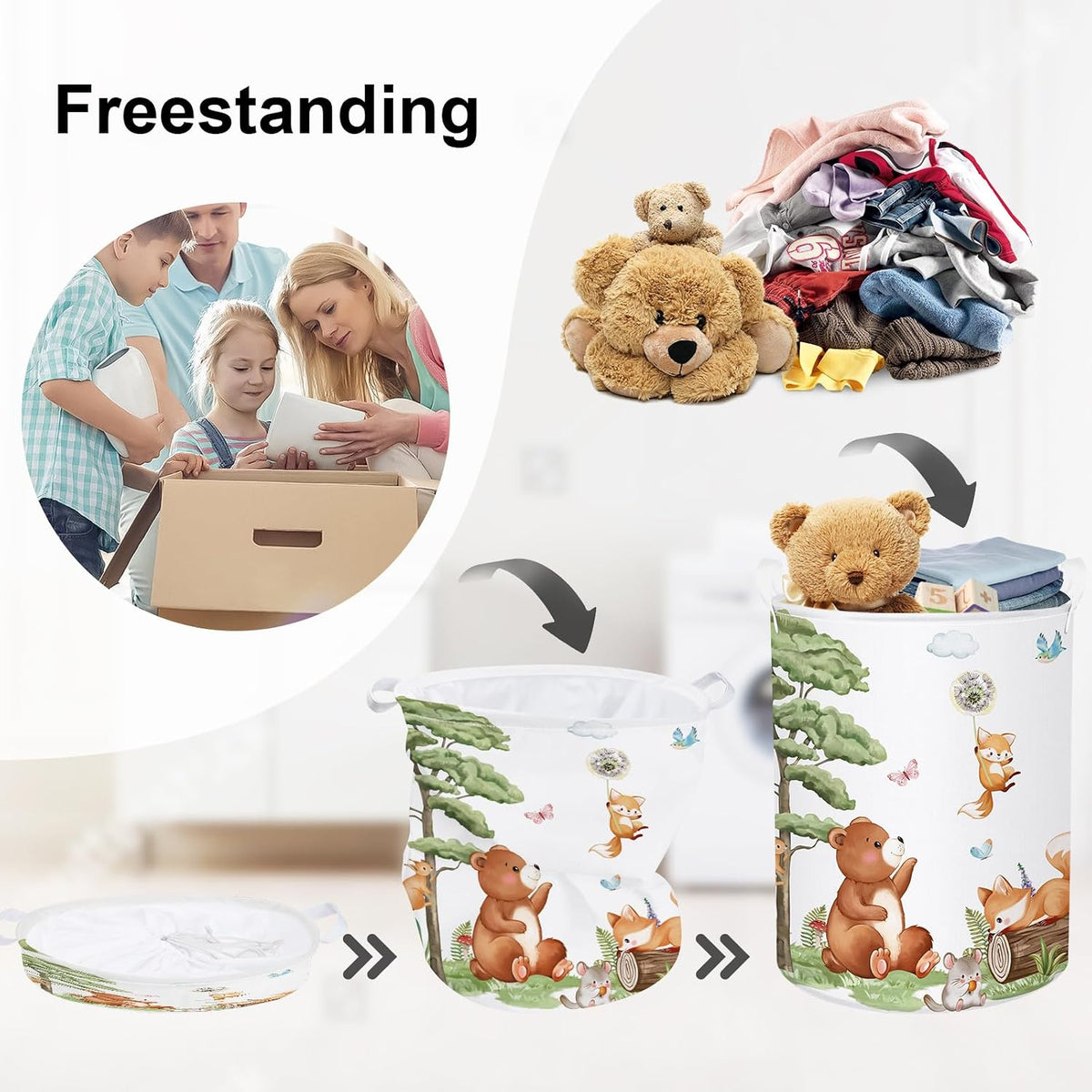 Forest Animals Baby Laundry Hamper Collapsible Clothes Kids Storage Basket Bear Fox Large Boys Girls Gift Toy Box Bin for Nursery, Squirrels, 63L