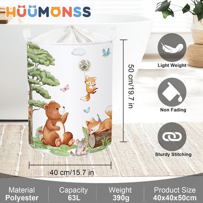 Forest Animals Baby Laundry Hamper Collapsible Clothes Kids Storage Basket Bear Fox Large Boys Girls Gift Toy Box Bin for Nursery, Squirrels, 63L