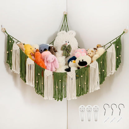 Stuffed Animal Hammock with Weaving Tassels and Beads Sage Green