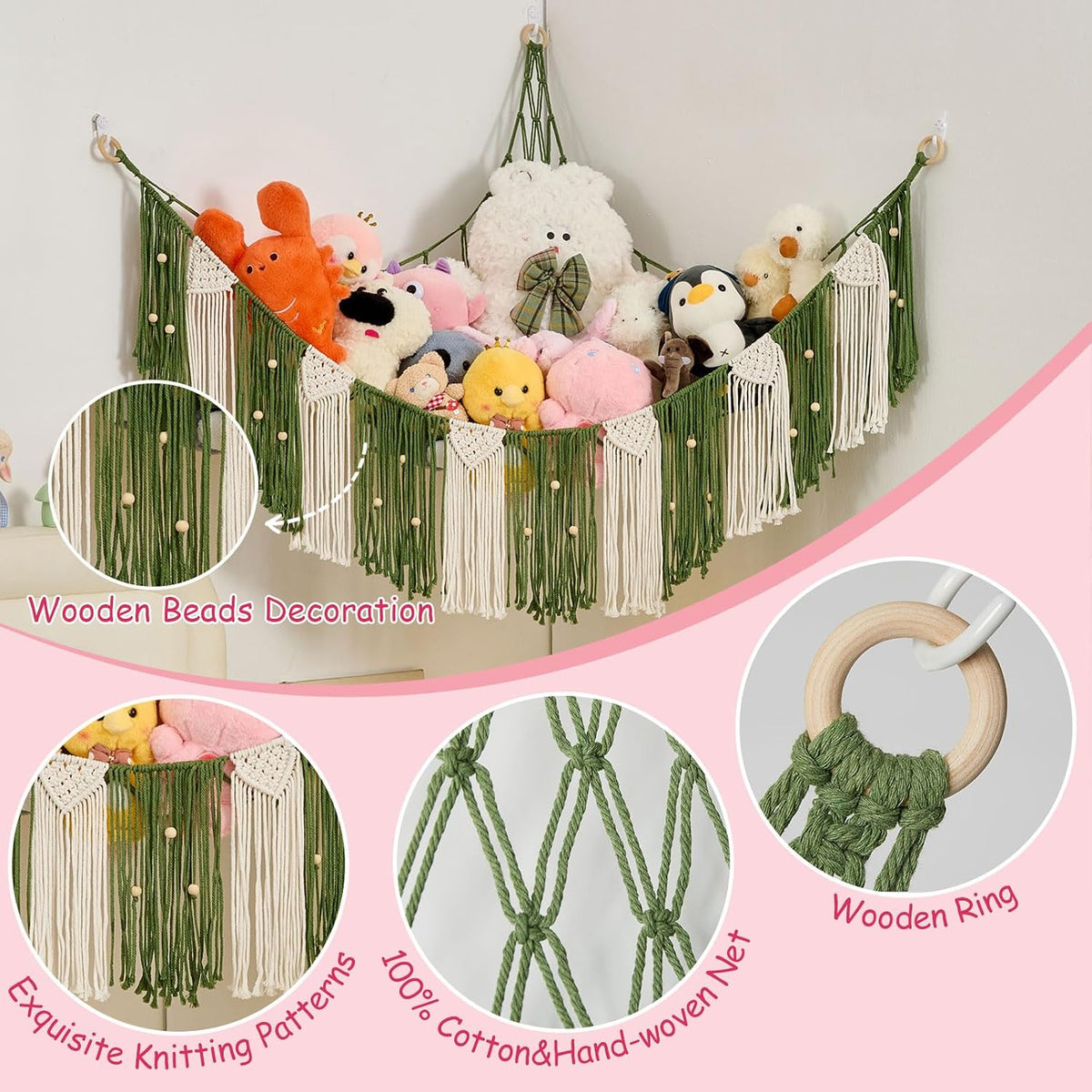 Stuffed Animal Hammock with Weaving Tassels and Beads Sage Green