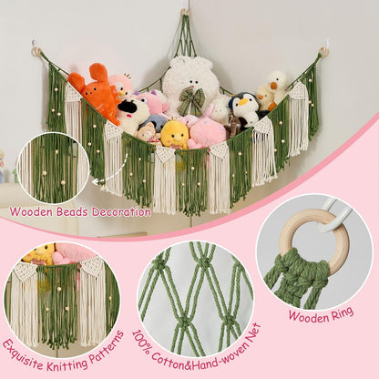 Stuffed Animal Hammock with Weaving Tassels and Beads Sage Green