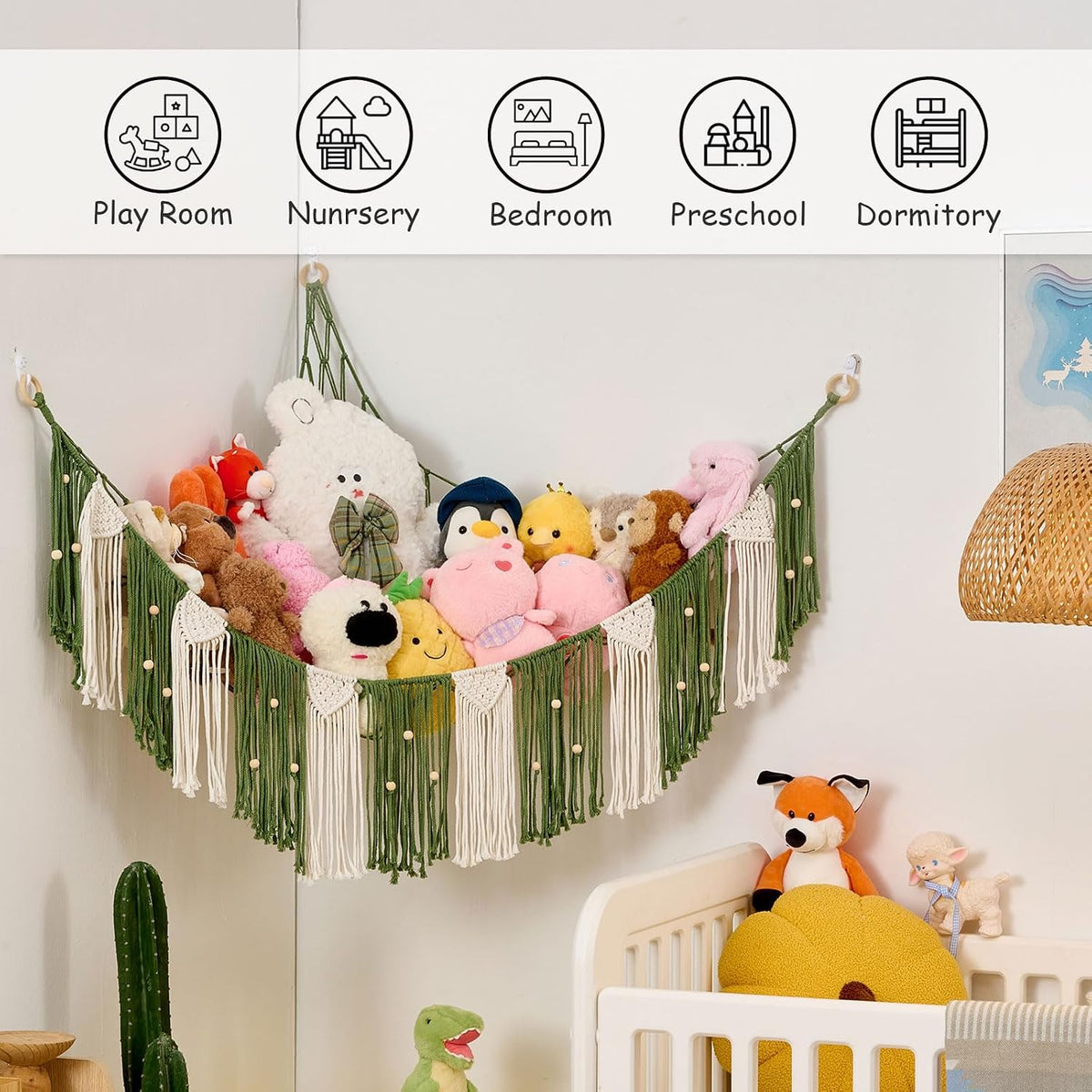 Stuffed Animal Hammock with Weaving Tassels and Beads Sage Green