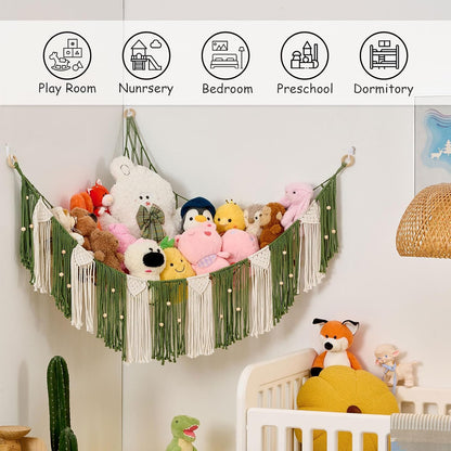 Stuffed Animal Hammock with Weaving Tassels and Beads Sage Green