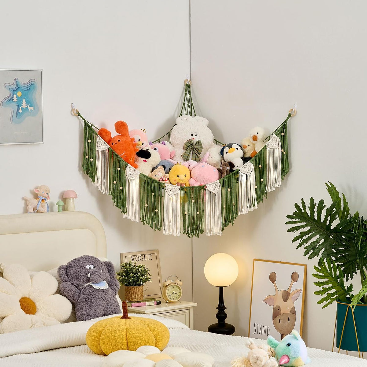 Stuffed Animal Hammock with Weaving Tassels and Beads Sage Green