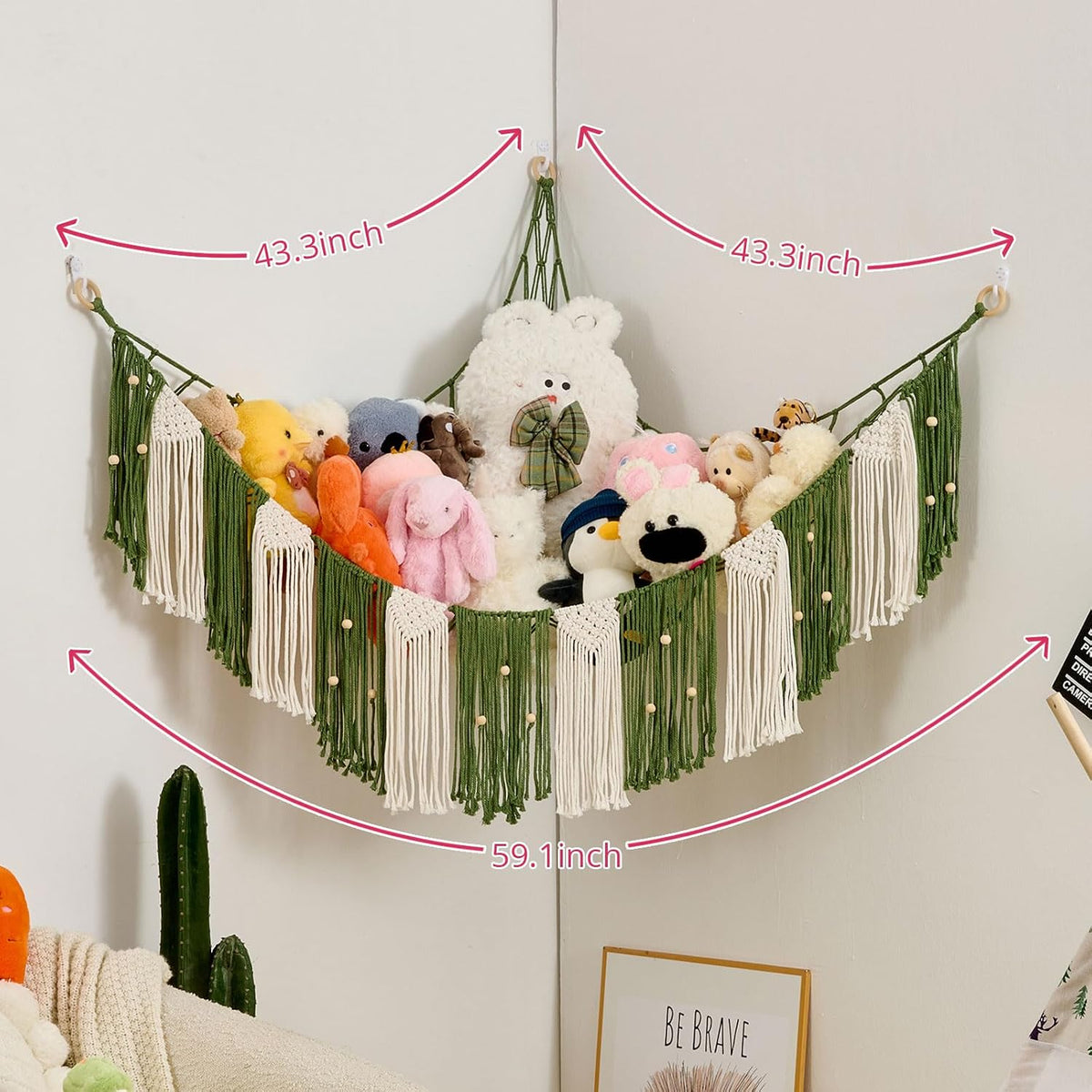 Stuffed Animal Hammock with Weaving Tassels and Beads Sage Green