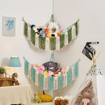 Stuffed Animal Hammock with Weaving Tassels and Beads Sage Green