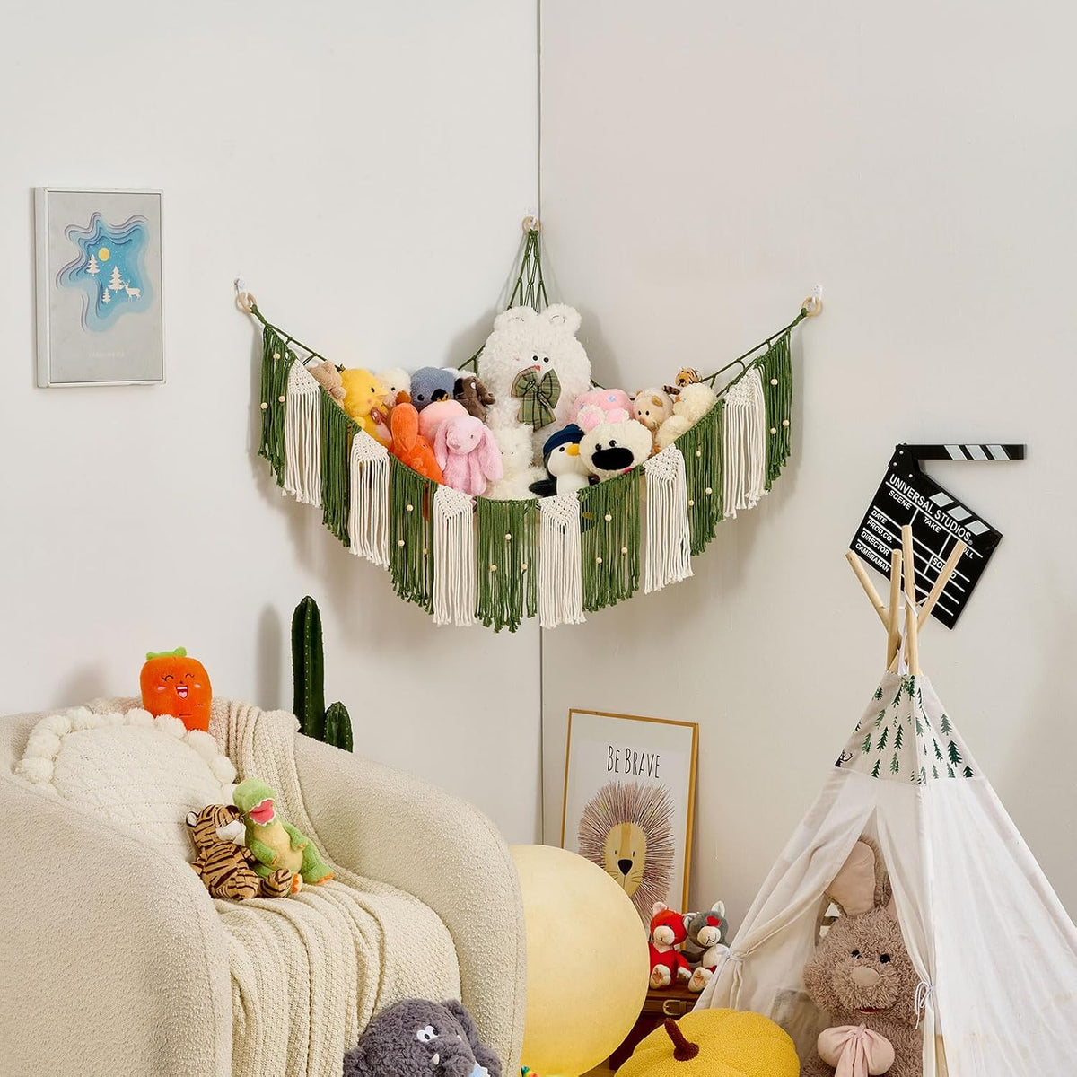 Stuffed Animal Hammock with Weaving Tassels and Beads Sage Green