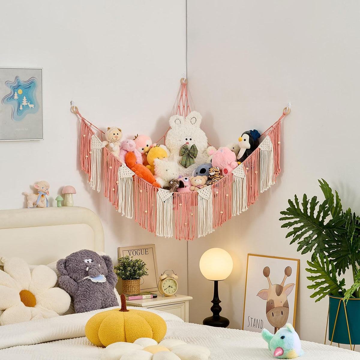 Stuffed Animal Hammock with Weaving Tassels and Beads Sage Green