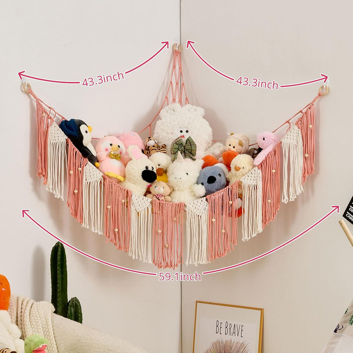 Stuffed Animal Hammock with Weaving Tassels and Beads Sage Green