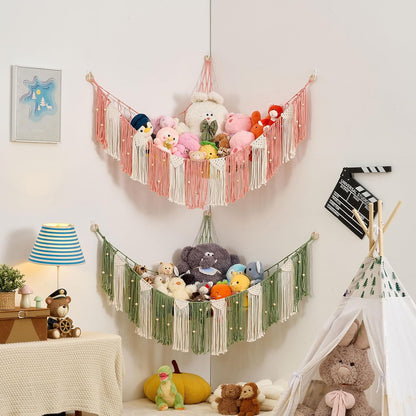 Stuffed Animal Hammock with Weaving Tassels and Beads Sage Green