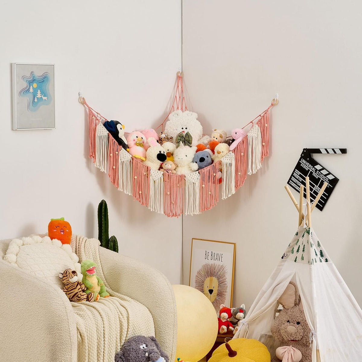 Stuffed Animal Hammock with Weaving Tassels and Beads Sage Green