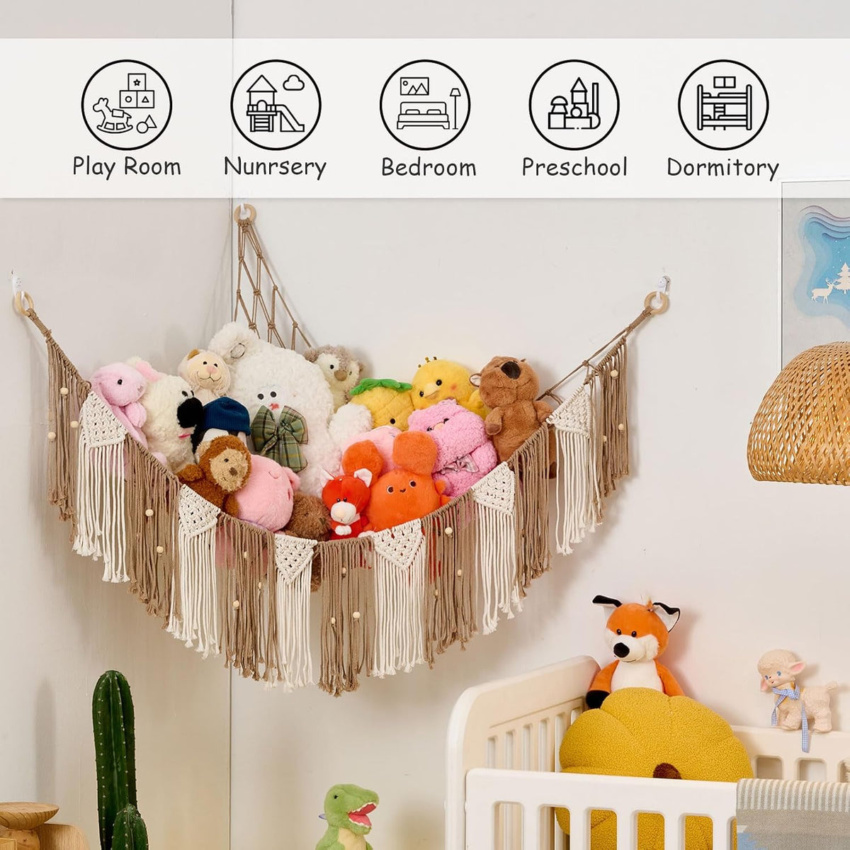 Stuffed Animal Hammock with Weaving Tassels and Beads Sage Green