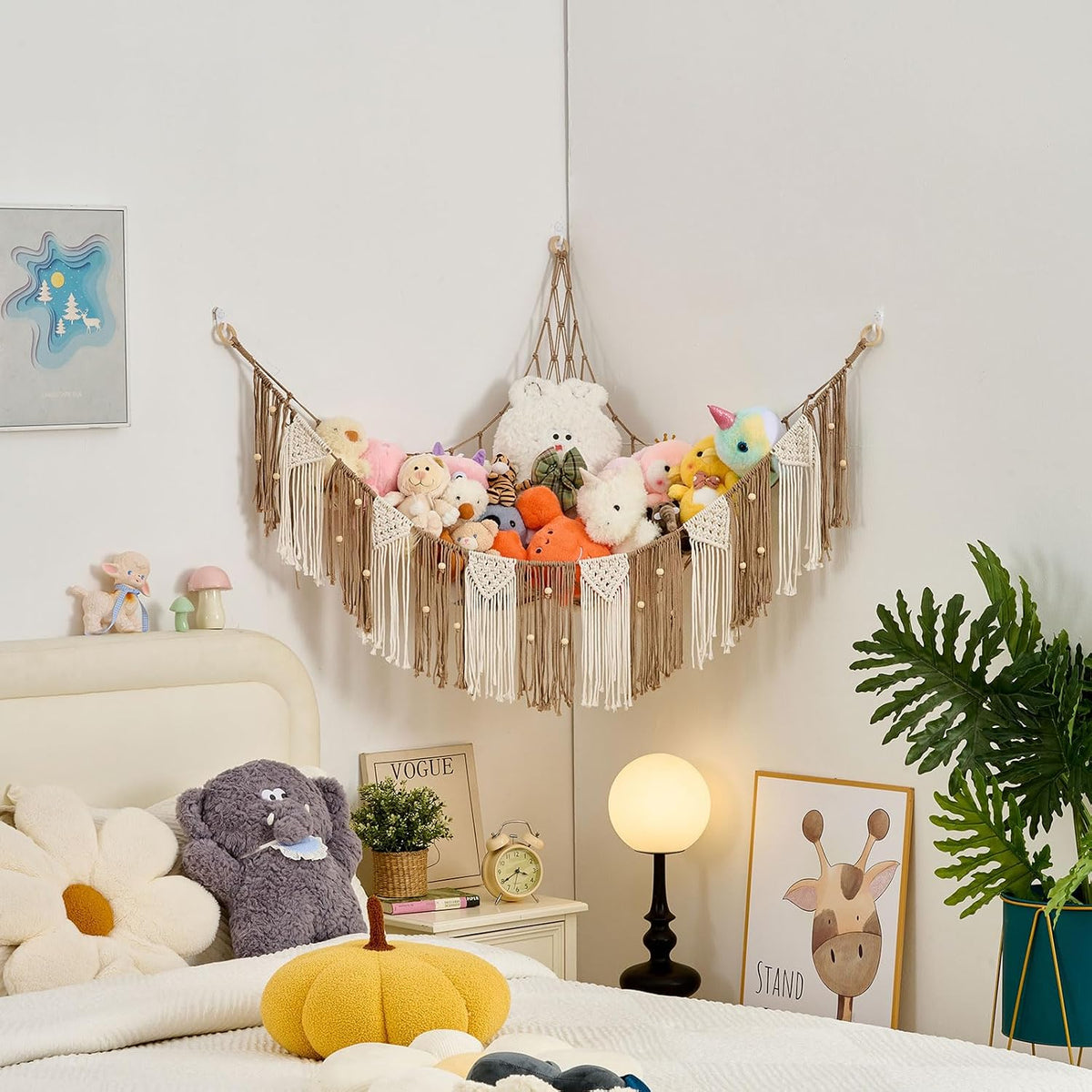 Stuffed Animal Hammock with Weaving Tassels and Beads Sage Green