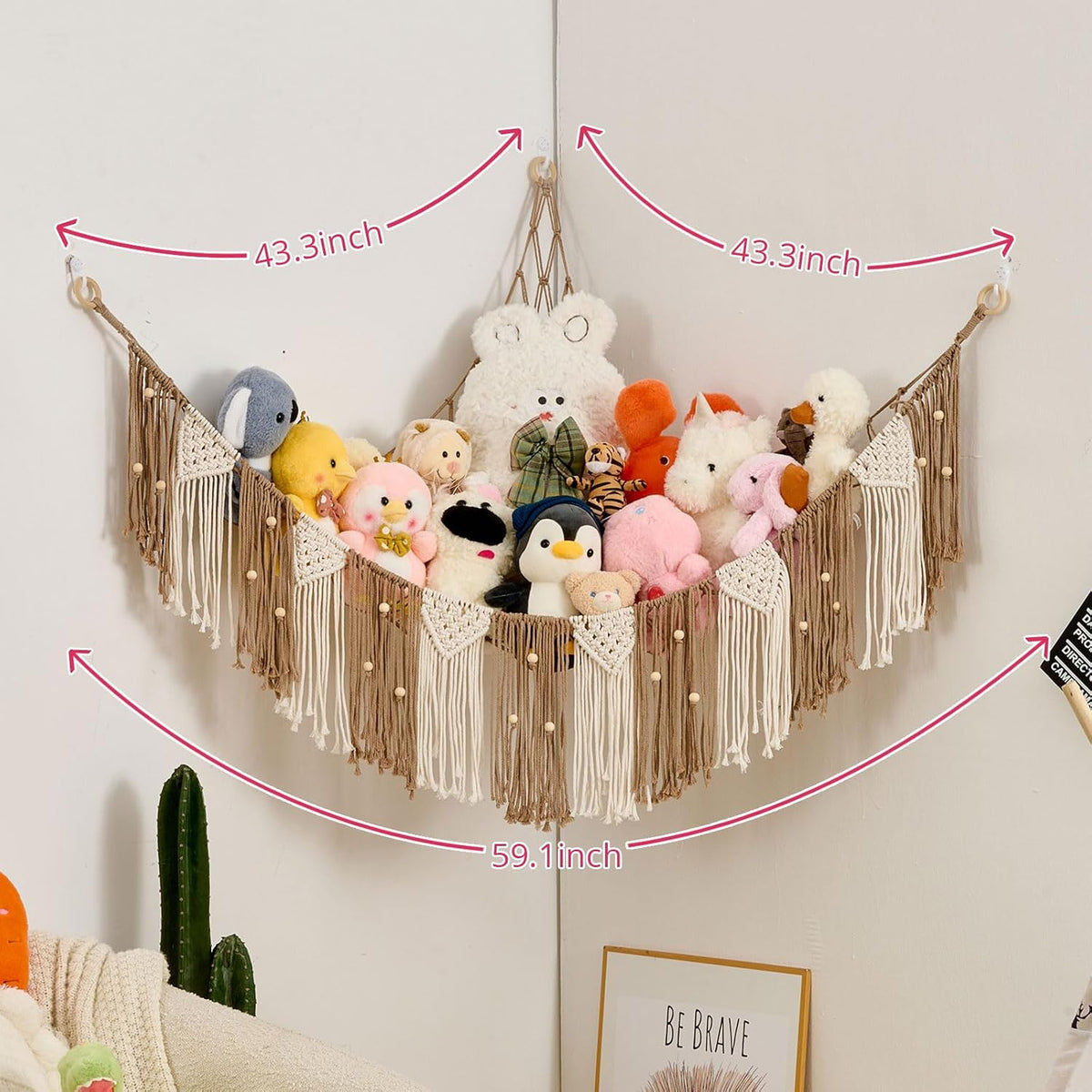 Stuffed Animal Hammock with Weaving Tassels and Beads Sage Green