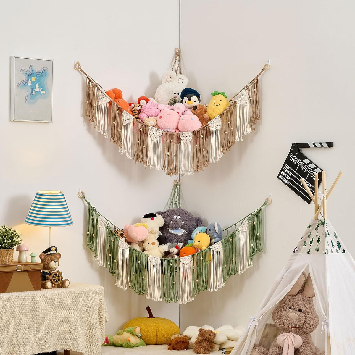 Stuffed Animal Hammock with Weaving Tassels and Beads Sage Green