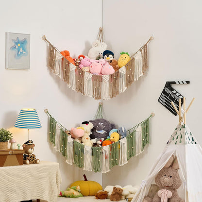 Stuffed Animal Hammock with Weaving Tassels and Beads Sage Green
