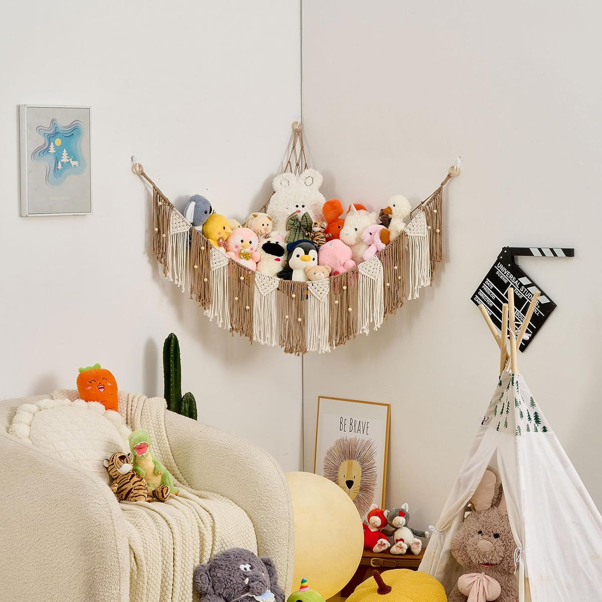 Stuffed Animal Hammock with Weaving Tassels and Beads Sage Green