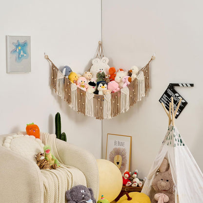 Stuffed Animal Hammock with Weaving Tassels and Beads Sage Green