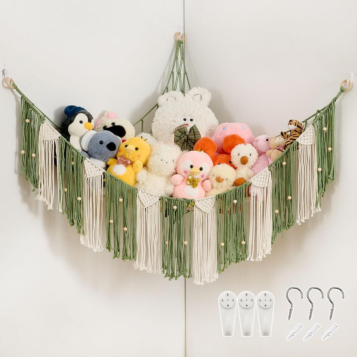 Stuffed Animal Hammock with Weaving Tassels and Beads Sage Green