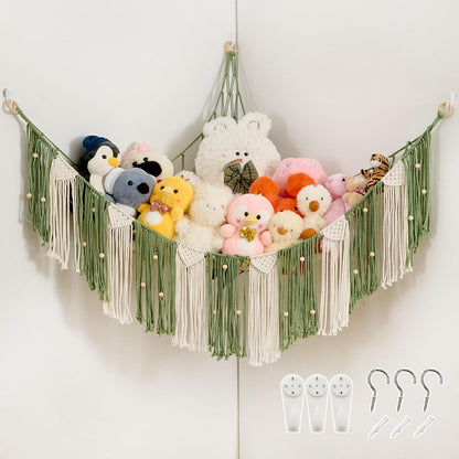 Stuffed Animal Hammock with Weaving Tassels and Beads Sage Green