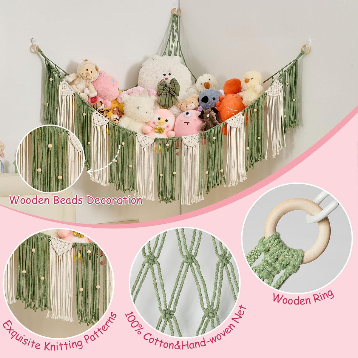 Stuffed Animal Hammock with Weaving Tassels and Beads Sage Green