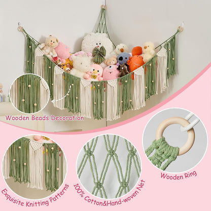 Stuffed Animal Hammock with Weaving Tassels and Beads Sage Green