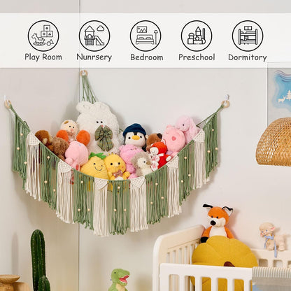 Stuffed Animal Hammock with Weaving Tassels and Beads Sage Green
