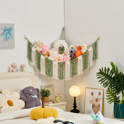 Stuffed Animal Hammock with Weaving Tassels and Beads Sage Green