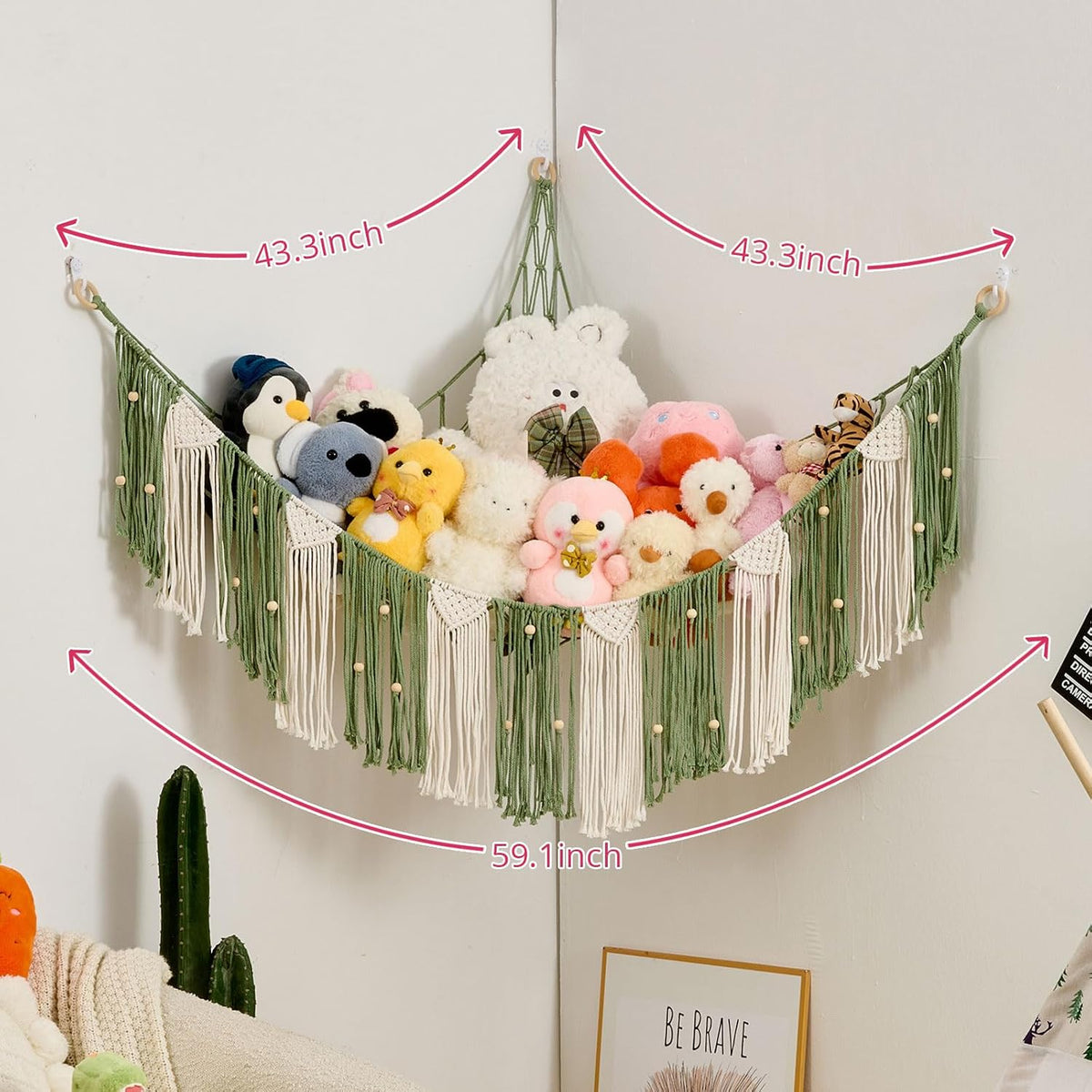 Stuffed Animal Hammock with Weaving Tassels and Beads Sage Green