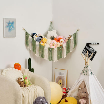 Stuffed Animal Hammock with Weaving Tassels and Beads Sage Green