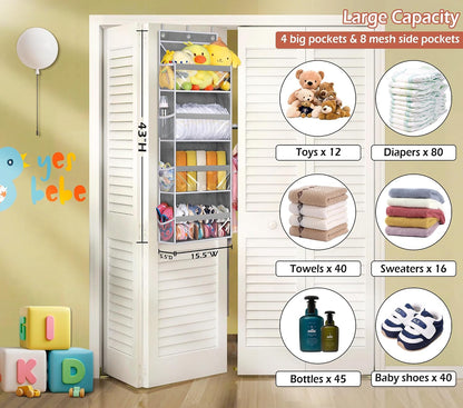 Over the Door Storage Organizer with 4 Large Pockets 8 Side Pockets Baby Hanging Closet Door Organizer Heavy Duty Pantry Organizer for Bathroom, Bedroom, Nursery, RV, Camper