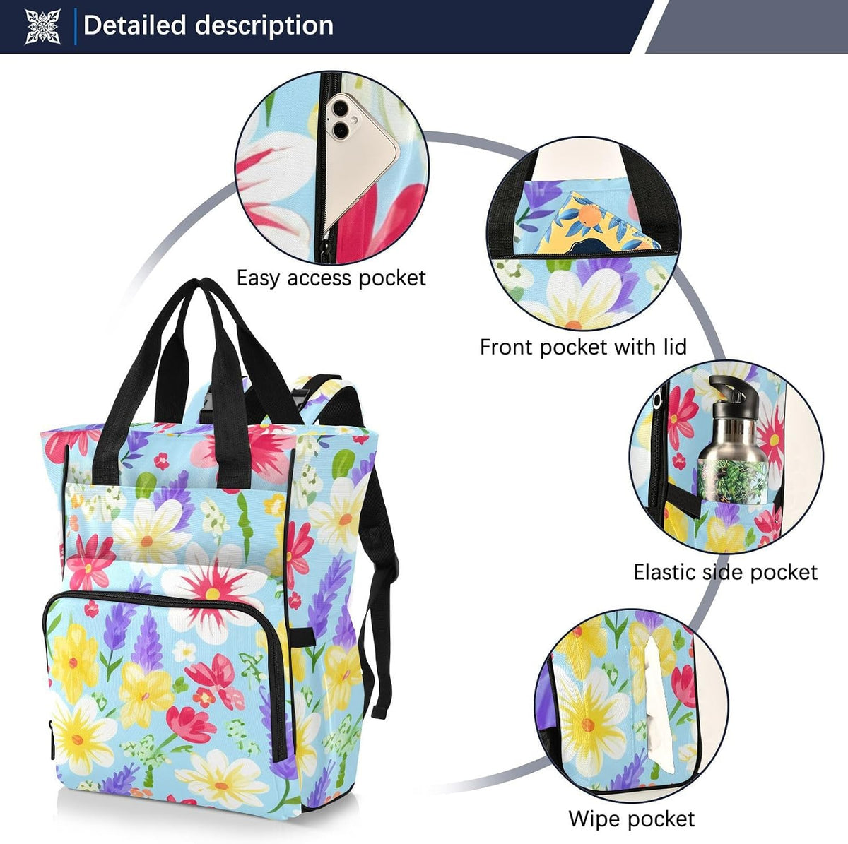 Diaper Bag Backpack, Multifunction Travel Bag for Moms Dads, Baby Changing Bag with Insulted Pockets, Stroller Straps and Side Bottle Pockets Colorful Floral Pattern