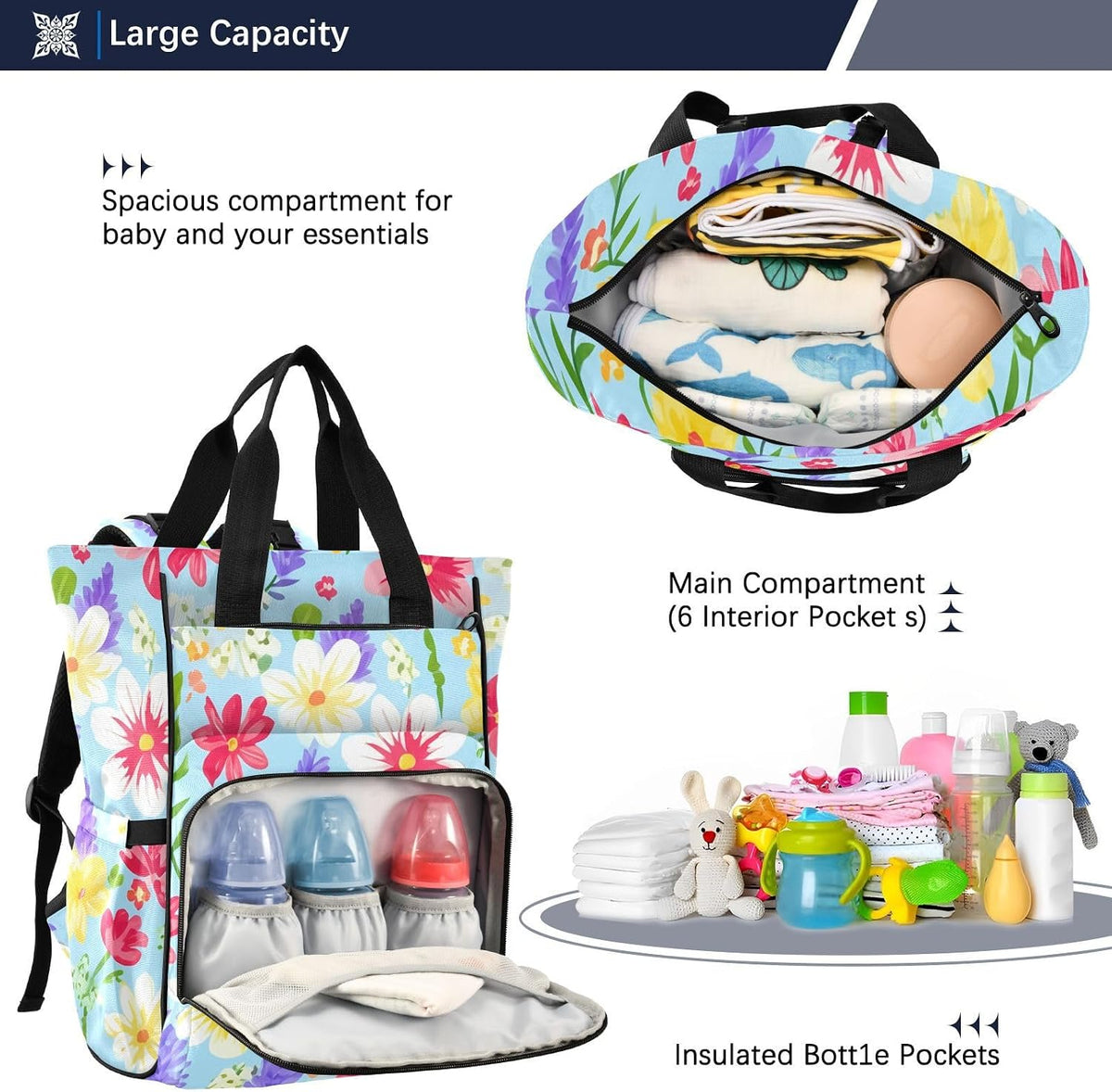 Diaper Bag Backpack, Multifunction Travel Bag for Moms Dads, Baby Changing Bag with Insulted Pockets, Stroller Straps and Side Bottle Pockets Colorful Floral Pattern