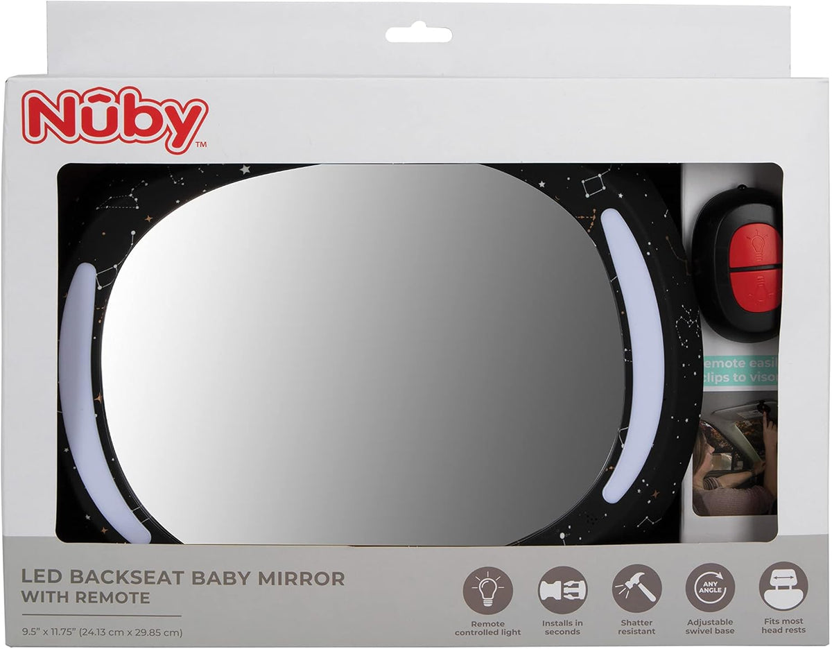 Nuby LED Light Backseat Baby Car Mirror with Remote Controlled Light, Wide View Shatter Resistant Mirror, Adjustable, White Cloud