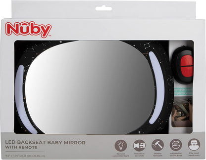 Nuby LED Light Backseat Baby Car Mirror with Remote Controlled Light, Wide View Shatter Resistant Mirror, Adjustable, White Cloud