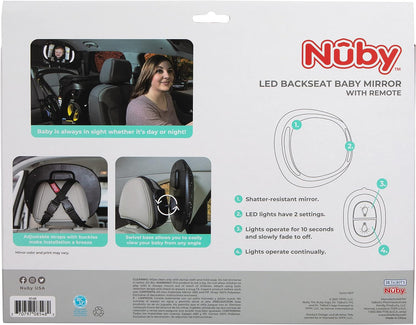 Nuby LED Light Backseat Baby Car Mirror with Remote Controlled Light, Wide View Shatter Resistant Mirror, Adjustable, White Cloud