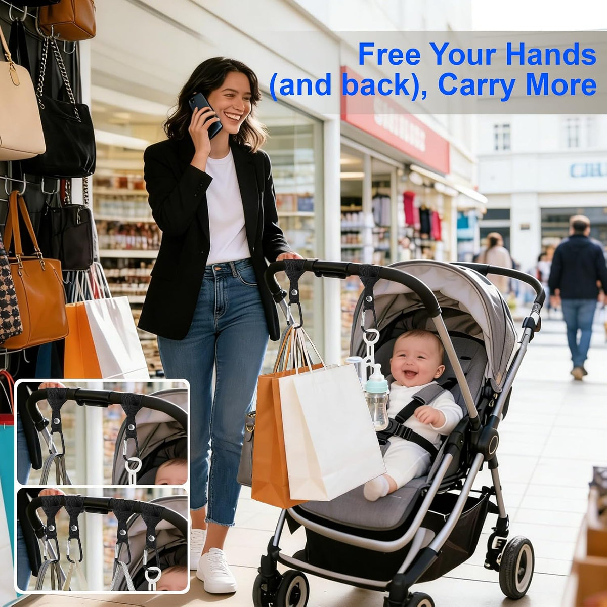 4-Pack Baby Stroller Hooks for Bags - Heavy Duty 2.48" Universal Carabiner Clips with Reinforced Rope, Multi-Scene Use for Bikes, Backpacks & Camping Gear